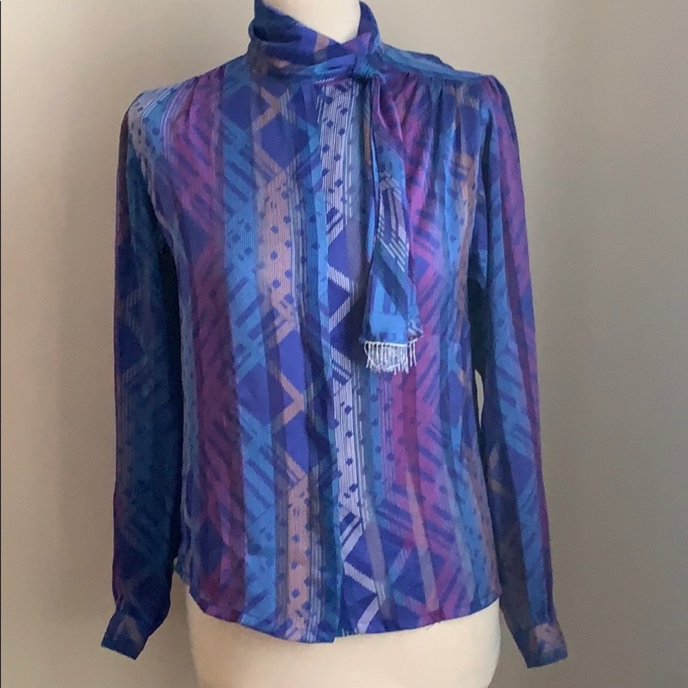 VINTAGE 70s 80s Beaded Sash Blue Print Blouse